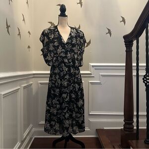 Vintage Ifi Chic Black White Floral Midi Dress 14 V Neck Drop Waist 80s Boho